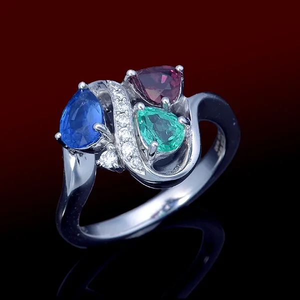 18K WG Myanmar Blue Sapphire / Colombian Emerald / Thai Ruby Ring